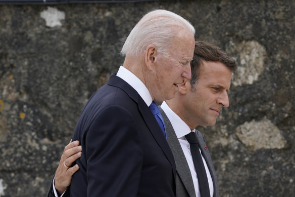 Joe Biden and Emmanuel Macron pictured at the G7 summit in June.