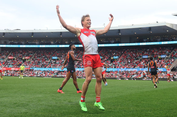 Isaac Heeney celebrates a late goal.