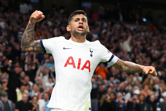 Cristian Romero of Tottenham Hotspur celebrates after Joel Matip of Liverpool scored an own goal. 