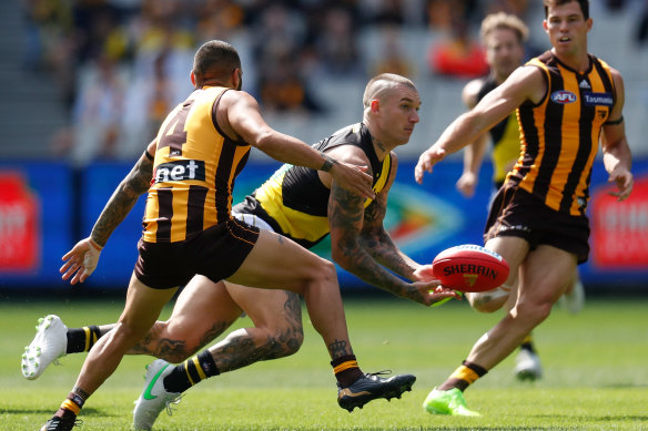 Richmond’s Dustin Martin on the move against the Hawks.