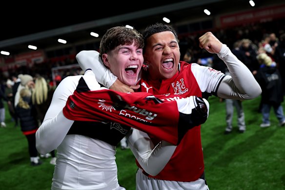 Fleetwood Town’s Conor Haughey and Raffaele Cirino after the win.