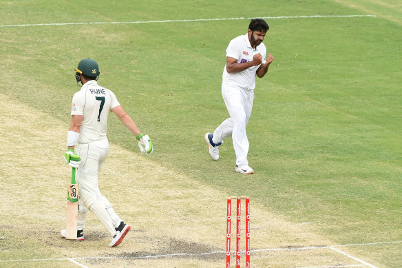 Shardul Thakur celebrates the wicket of Tim Paine.