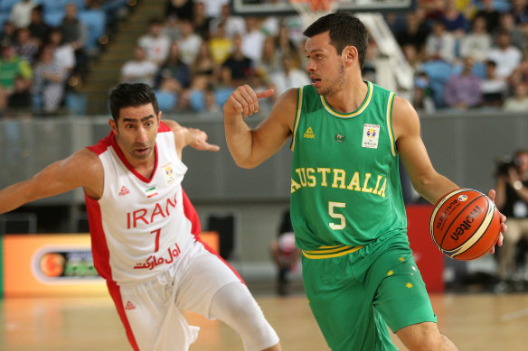Jason Cadee playing for the Boomers in a qualifying match against Iran last November. 