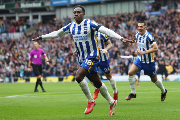 Danny Welbeck celebrates scoring for Brighton & Hove Albion against Leicester City.