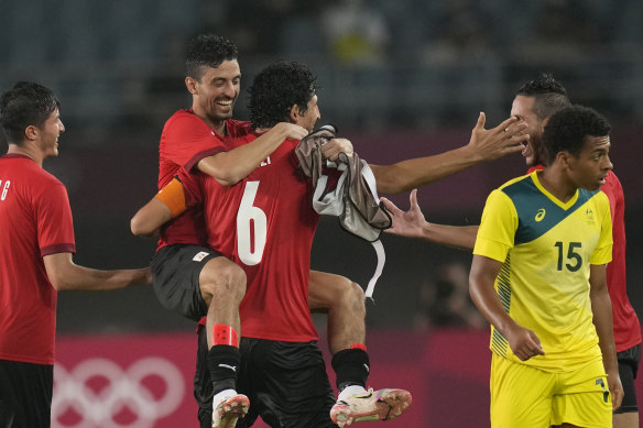 Egypt celebrate their 2-0 victory over the Olyroos in Sendai, Japan.