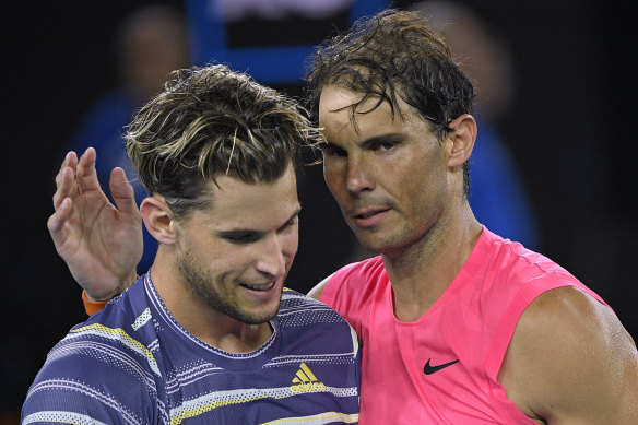 Nadal, right, congratulates Thiem after their quarter-final showdown in Melbourne in January.
