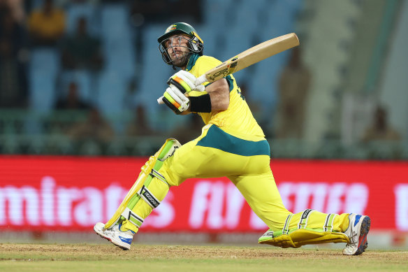 Glenn Maxwell unleashes during his batting blitz against Sri Lanka.