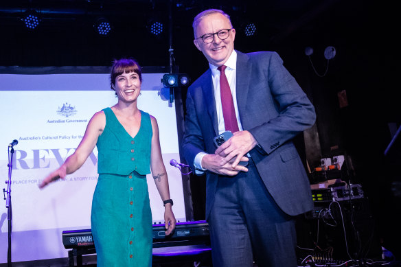 Prime Minister Anthony Albanese with Missy Higgins at the launch of Labor’s National Cultural Policy on Monday.