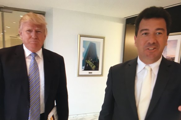 Trump with this article's author Nick Bryant in 2014. Bryant says his choice of attire that day, "a white silk tie that would not have looked out of place at a mob wedding in Queens or New Jersey, showed how ingratiatingly we entered his orbit".