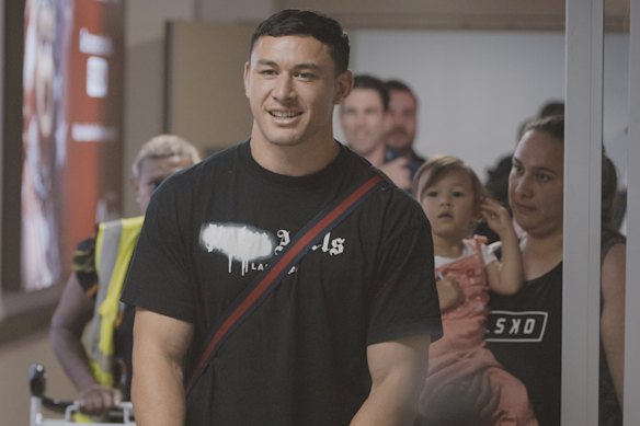 Former Rooster Joey Manu and his family (pictured at Port Moresby airport) toured the Chiefs’ facilities earlier this year.