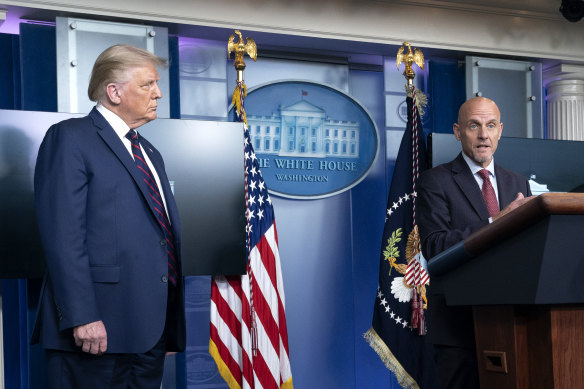 FDA boss Stephen Hahn during the news conference announcing the rollout of the plasma treatment with US President Donald Trump.