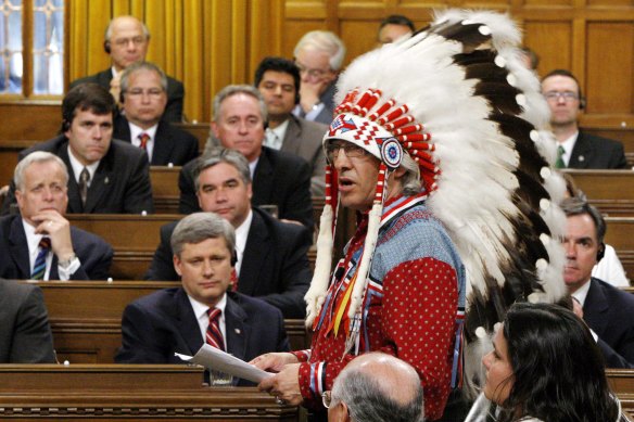 Then national chief of the Assembly of First Nations Phil Fontaine addresses the Canadian parliament in 2008.