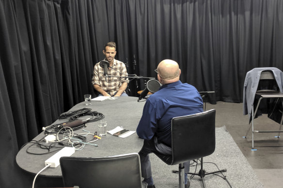Recording an interview at The Age studios in Melbourne.