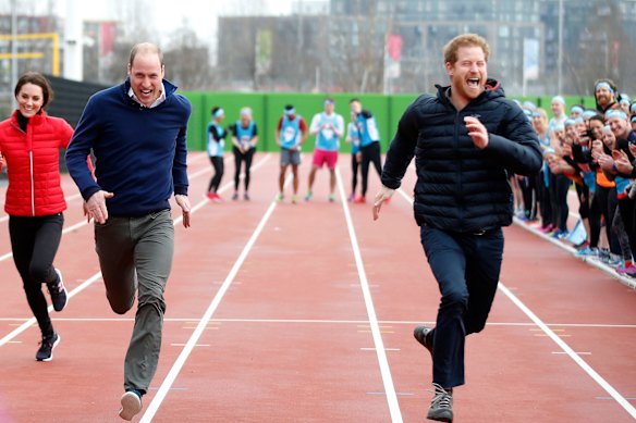 Kate, far left, has a key role trying to reunite brothers Prince William and Prince Harry, pictured here racing each other at a charity event in 2017. 