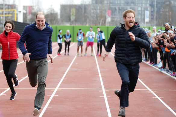 Kate, far left, has a key role trying to reunite brothers Prince William and Prince Harry, pictured here racing each other at a charity event in 2017. 