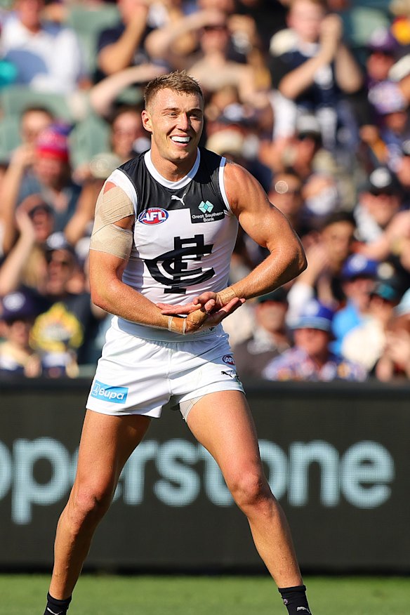 Patrick Cripps celebrate a goal and the birth of his baby daughter last year.