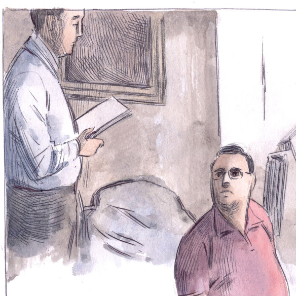 A sketch of Mr Edwards handcuffed and sitting against a wall in his Kewdale home as Detective Marrapodi places a search warrant into his lap. 