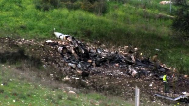 The wreckage of the jet near Harduf, northern Israel.