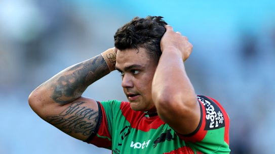 SYDNEY, AUSTRALIA - APRIL 06: Latrell Mitchell of the Rabbitohs reacts following the round five NRL match between South Sydney Rabbitohs and New Zealand Warriors at Accor Stadium, on April 06, 2024, in Sydney, Australia. (Photo by Mark Metcalfe/Getty Images)