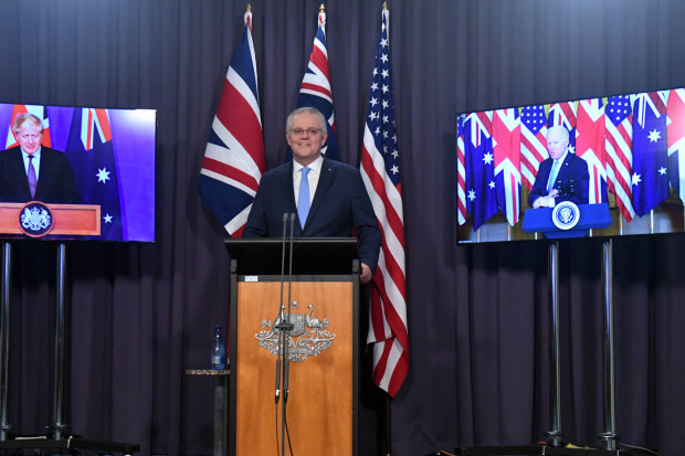 AUKUS announcement: Scott Morrison at the virtual joint press conference with British Prime Minister Boris Johnson and US President Joe Biden.