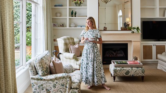 “I love the sense of space the pitched roof gives the room,” says Monique. “The armchairs were custom made in imported fabrics by decorator Adelaide Bragg.”