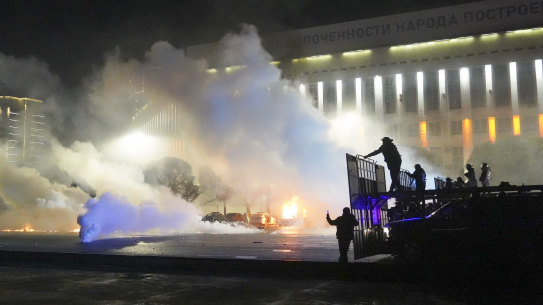 Riot police prepare to block protesters in the centre of Almaty, Kazakhstan, on Wednesday.
