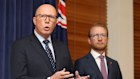 Shadow finance spokesman James Paterson with Peter Dutton in February. Patterson now says the Coalition must always have a stronger budget position than Labor.