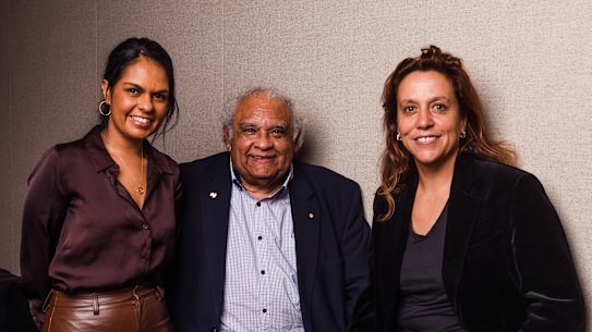 Portrait of Voice to Parliament advocates Teela Reid, Tom Calma and Rachel Perkins, after speaking at the Jessie Street luncheon at Parliament House. Friday 2nd June 2023. Photo: James Brickwood. SMH NEWS 230602