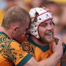 Fraser McReight of the Wallabies celebrates his try
