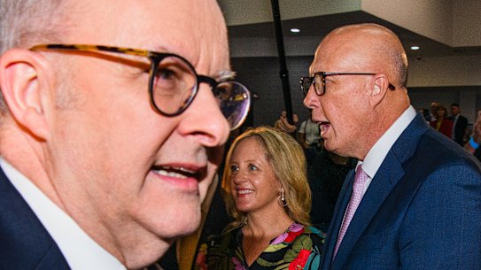 2025 Federal Election. Opposition leader Peter Dutton visits the division of McMahon for the Daily Telegraph Future Western Sydney Forum at the Blacktown Workers Club.  Friday 4th April 2025. Photo: James Brickwood. SMH NEWS 250404.  With Australian prime minister Anthony Albanese 