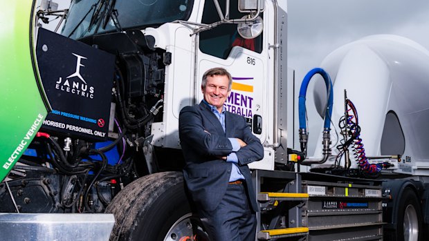 Janus Electric CEO Ian Campbell with an electric battery-powered truck.