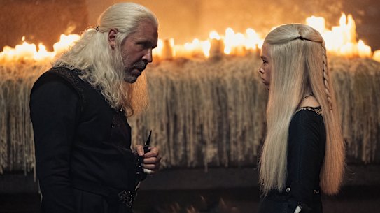 Paddy Considine as King Viserys I Targaryen and Milly Alcock as Princess Rhaenyra Targaryen in House of the Dragon.