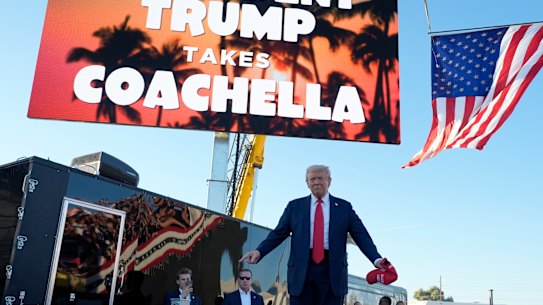 Donald Trump arrives to speak at a campaign rally at the Calhoun Ranch in Coachella, California, on Saturday.