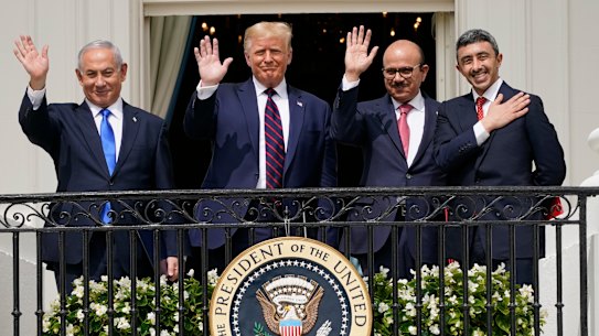 From left, Israeli Prime Minister Benjamin Netanyahu, US President Donald Trump, Bahrain Foreign Minister Khalid bin Ahmed Al Khalifa ,and United Arab Emirates Foreign Minister Abdullah bin Zayed al-Nahyan.