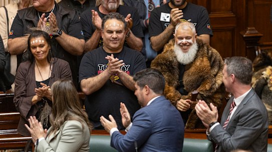 First Nations leaders applaud the speeches by Murray and Berg in state parliament on Tuesday.