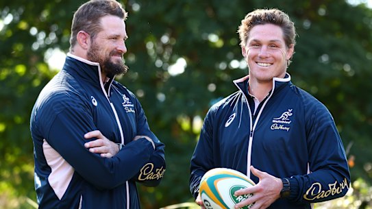 GOLD COAST, AUSTRALIA - JUNE 25: Co-captains James Slipper and Michael Hooper pose during the Australian Wallabies Rugby Championship squad announcement at Sanctuary Cove on June 25, 2023 in Gold Coast, Australia. (Photo by Chris Hyde/Getty Images)