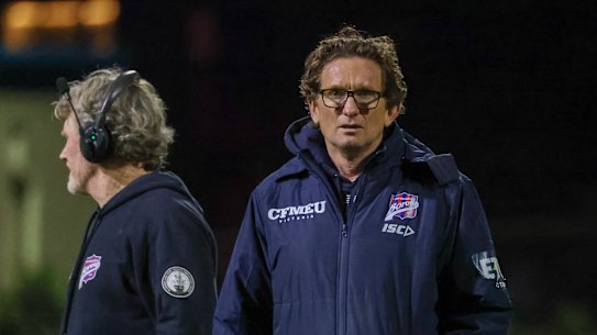 James Hird on the track at Port Melbourne on Thursday night. 