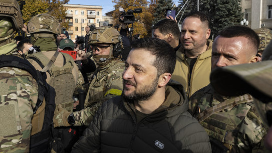 Ukrainian President Volodymyr Zelensky makes a surprise visit to Kherson on November 14, after Russia’s withdrawal.