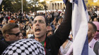 A pro-Israel demonstrator shouts at Palestinian supporters during a protest at Columbia University.