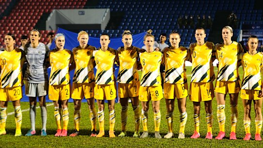 The Matildas at the anthem in Cam Pha.