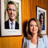 Kellie Sloane and the Liberal wall of fame in NSW Parliament House.