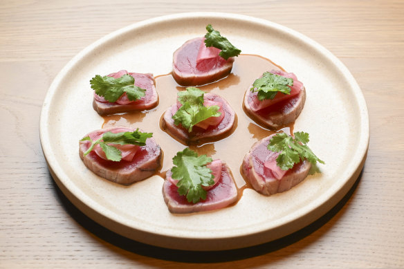 Tuna tataki with a punchy ginger and wasabi dressing and pickled radish.
