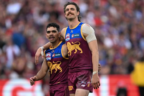 Star Brisbane Lions forwards Joe Daniher (right) and Charlie Cameron.