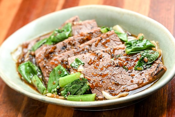 Galbi jjim: wagyu brisket with choy sum.