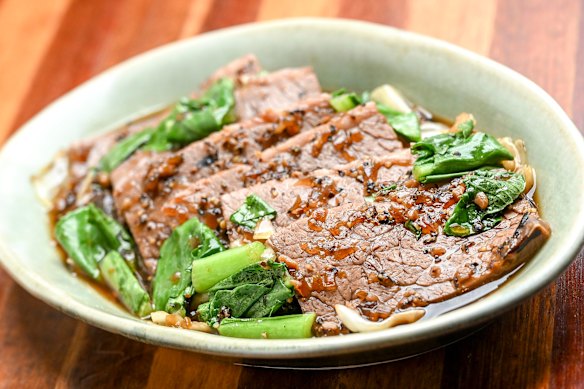 Galbi jjim: wagyu brisket with choy sum.