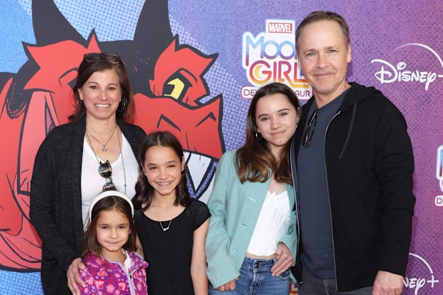 , Kim Painter, Nixie Lowe, Fiona Lowe and Mabel Lowe attend the Red Carpet Premiere Event for Disney Branded Television’s and Marvel’s “Moon Girl And Devil Dinosaur” at Walt Disney Studios on February 04, 2023 in Burbank, California. (Photo by Steven Simione/Getty Images)