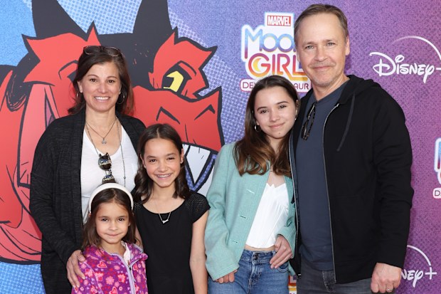 , Kim Painter, Nixie Lowe, Fiona Lowe and Mabel Lowe attend the Red Carpet Premiere Event for Disney Branded Television’s and Marvel’s “Moon Girl And Devil Dinosaur” at Walt Disney Studios on February 04, 2023 in Burbank, California. (Photo by Steven Simione/Getty Images)