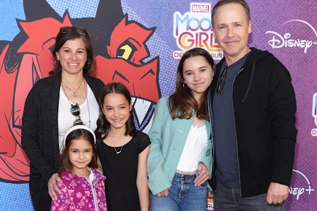 , Kim Painter, Nixie Lowe, Fiona Lowe and Mabel Lowe attend the Red Carpet Premiere Event for Disney Branded Television’s and Marvel’s “Moon Girl And Devil Dinosaur” at Walt Disney Studios on February 04, 2023 in Burbank, California. (Photo by Steven Simione/Getty Images)