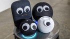 These googly eyes we put on the newest smart speakers of 2020 are a friendly reminder that they're both music players and surveillance devices. Shown here clockwise from the upper left are the Google Nest Audio, Amazon Echo, Apple HomePod Mini and Amazon Echo Dot.