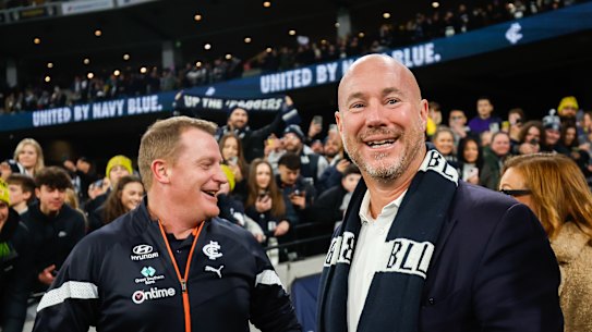 Carlton coach Michael Voss and Luke Sayers in 2023, when the latter was Blues president.